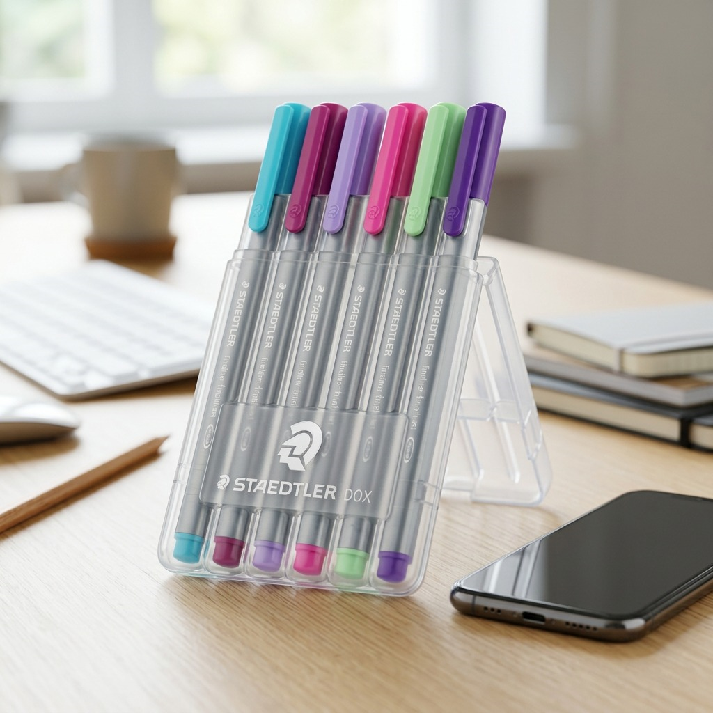 Scale photo: six-pack of Staedtler Fineliners in clear case on a desk, next to a smartphone.