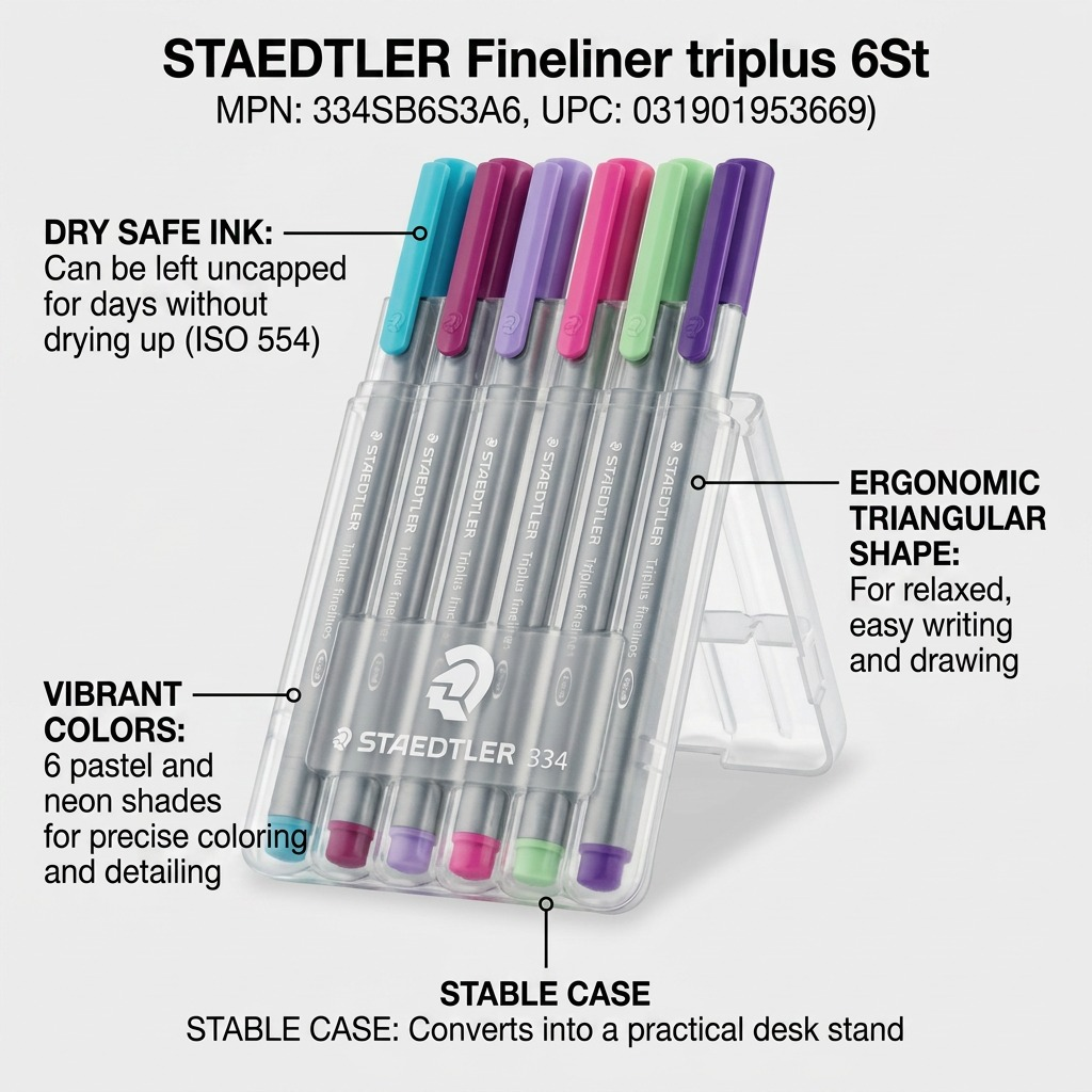 Ecommerce graphic for STAEDTLER Fineliner triplus 6St, feature callout.