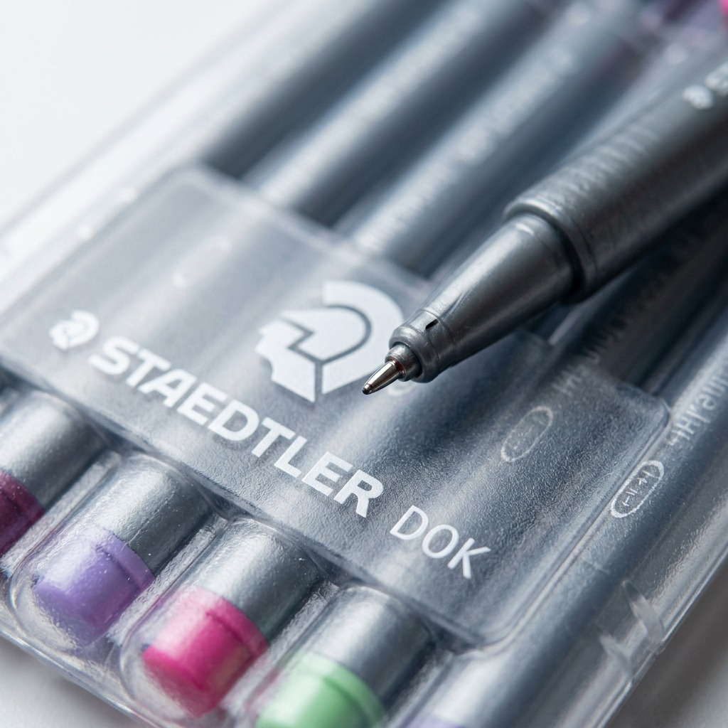 A macro photo shows vibrant pen tips, clear plastic encasement, textured barrels, and crisp STAEDTLER text.