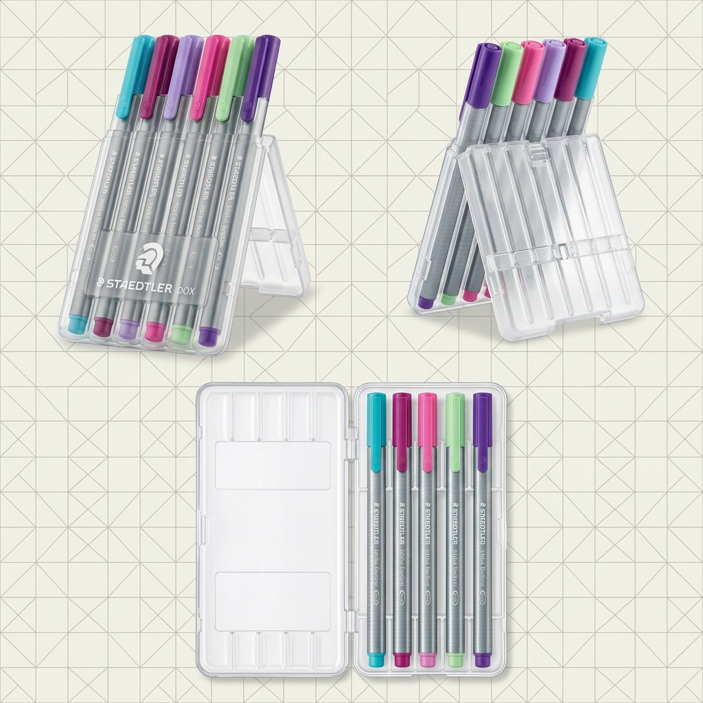 PDP matrix showing the Staedtler triplus 6-pen set from front-oblique, rear-oblique, and open flat views.