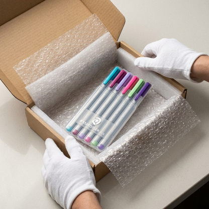 A detailed photograph of the STAEDTLER Fineliner triplus 6-set being carefully unboxed from a well-padded, corrugated cardboard shipping box. The set is wrapped in clear protective film and nested in white void-fill, with one pen partially removed from its presentation case, reassuring secure delivery.