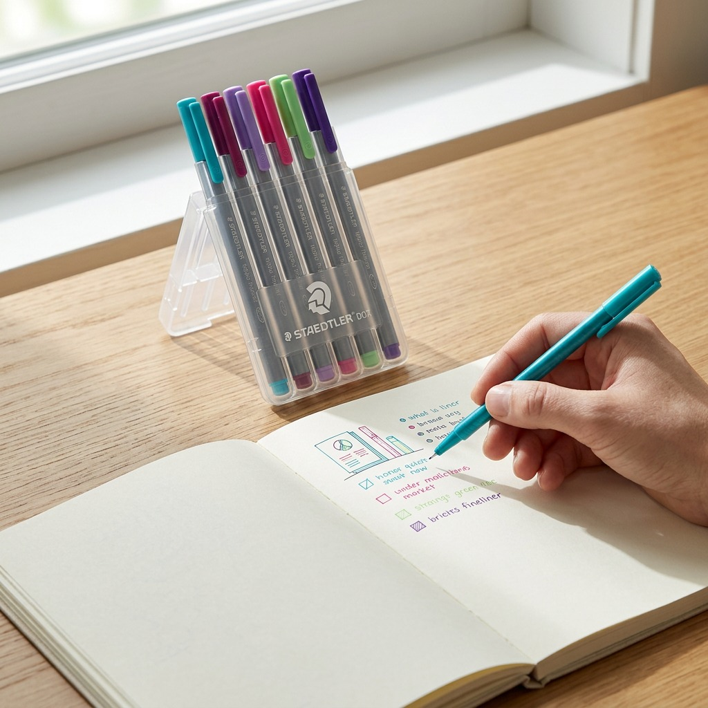 Isometry shot of STAEDTLER triplus fineliners on a paper journal, ready for creative work.