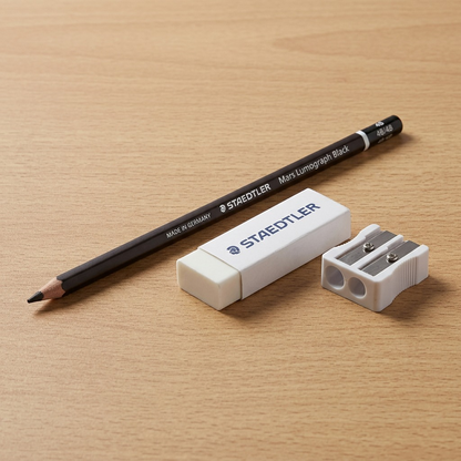 A photo of the STAEDTLER Mars Lumograph Black 4B pencil resting beside a realistic eraser and sharpener.