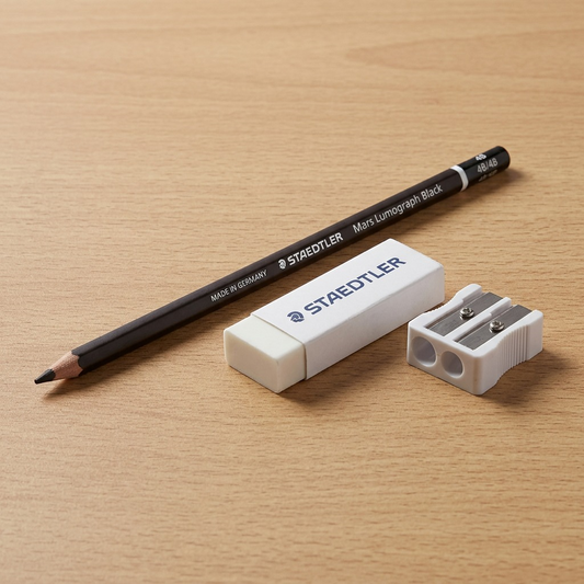 A photo of the STAEDTLER Mars Lumograph Black 4B pencil resting beside a realistic eraser and sharpener.