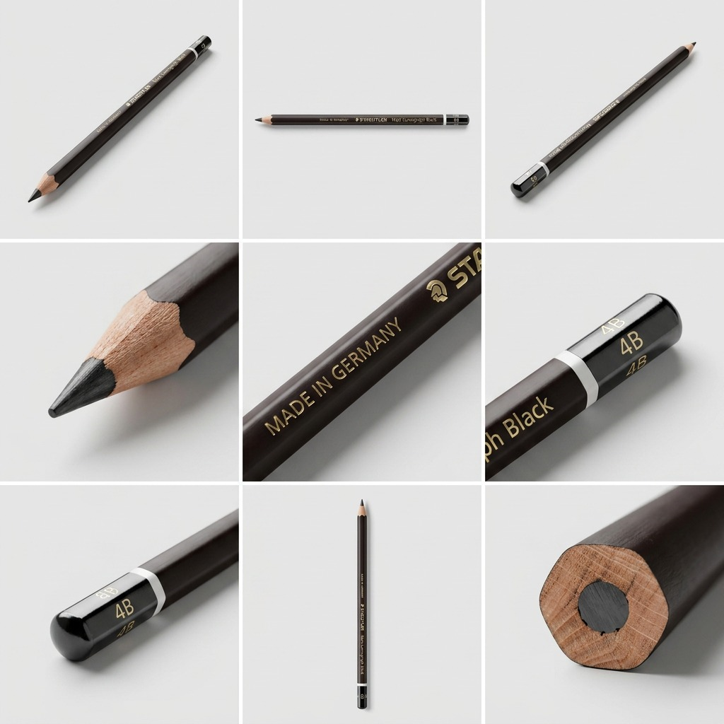 A matrix of nine views of the Staedtler 100B-4B-M pencil, showing various angles and details, including the logo and grade marking.