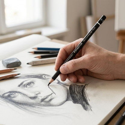 A close-up photograph of a STAEDTLER Mars Lumograph black 4B pencil used for drawing. The pencil is accurately held, capturing its exact appearance including text, rings, and lead texture. Natural light illuminates the drawing surface (plain paper), highlighting realistic scale and dark lead application next to an artist's hand. The setting is clean with an out-of-focus sketch pad.