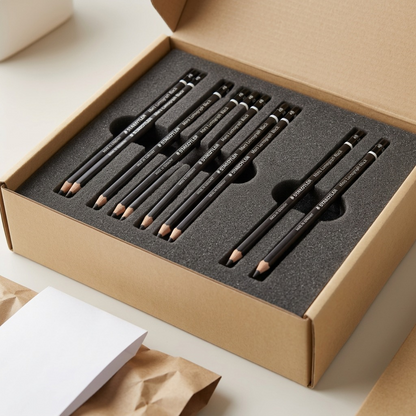 A premium unboxing shot showing several of the specific STAEDTLER Mars Lumograph Black 4B pencils nestled securely in protective foam.