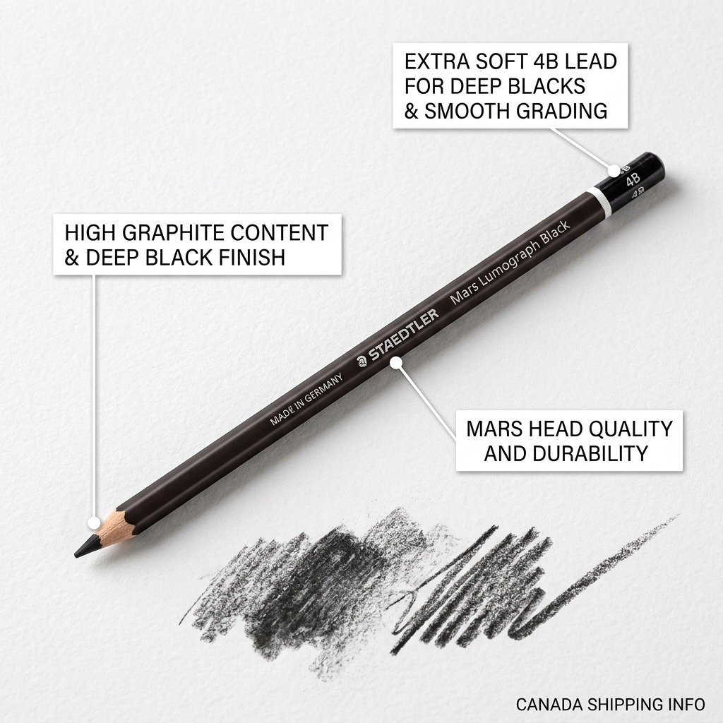 Feature graphic showing STAEDTLER Mars Lumograph Black 4B pencil, highlighting deep blacks and smooth grading.