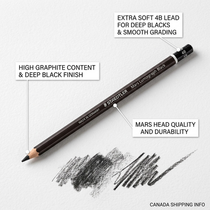 Feature graphic showing STAEDTLER Mars Lumograph Black 4B pencil, highlighting deep blacks and smooth grading.