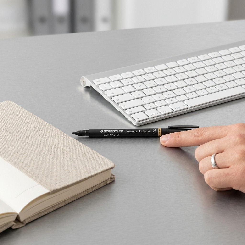 A STAEDTLER permanent special M marker being touched by a finger next to a keyboard and notebook.