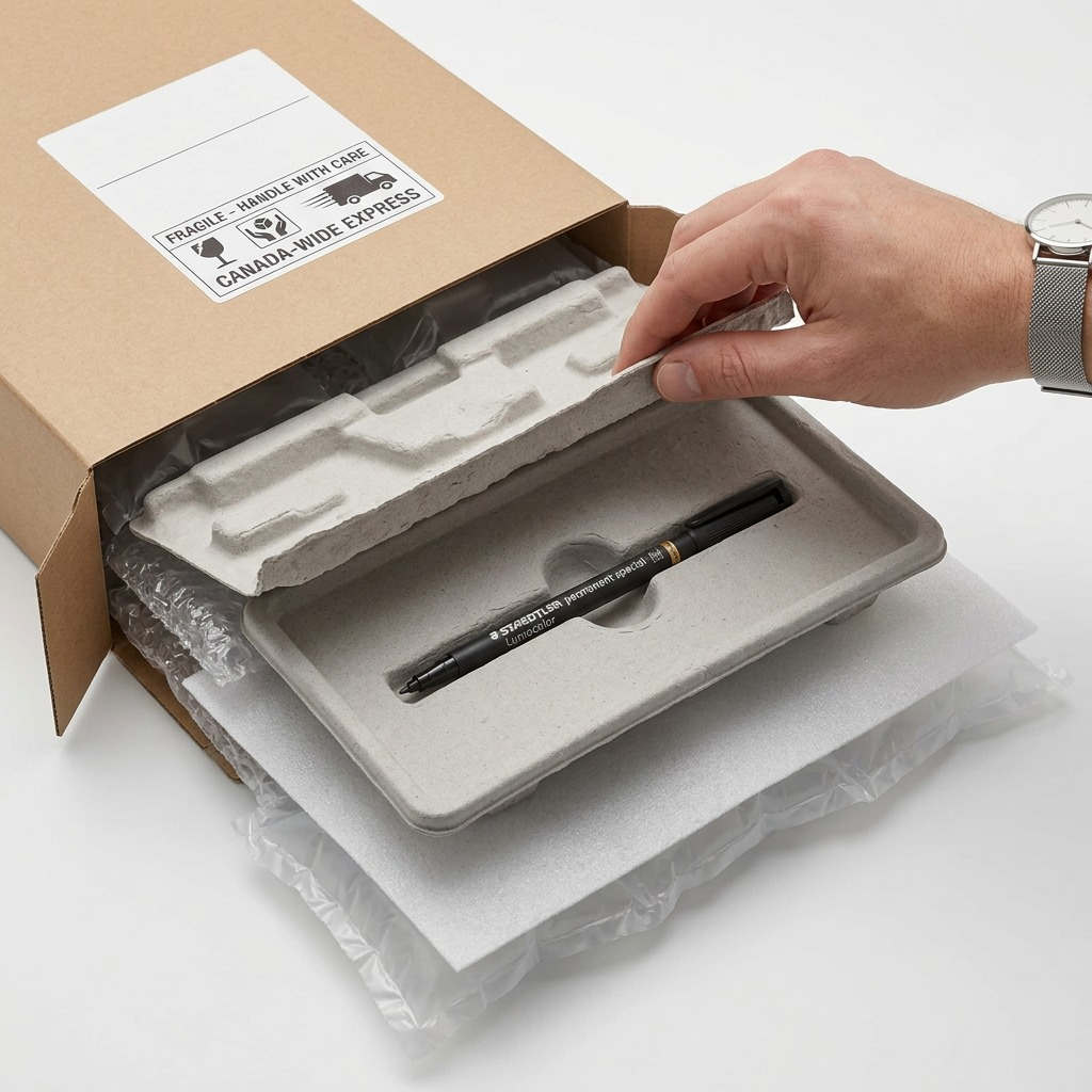 A premium unboxing scene shows a STAEDTLER permanent special Lumocolor pen emerging from custom-cut, charcoal protective foam inside a clean, rigid cardboard shipping container, with additional layers of bubble wrap visible, depicting secure transport and delivery.