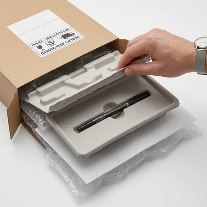 A premium unboxing scene shows a STAEDTLER permanent special Lumocolor pen emerging from custom-cut, charcoal protective foam inside a clean, rigid cardboard shipping container, with additional layers of bubble wrap visible, depicting secure transport and delivery.