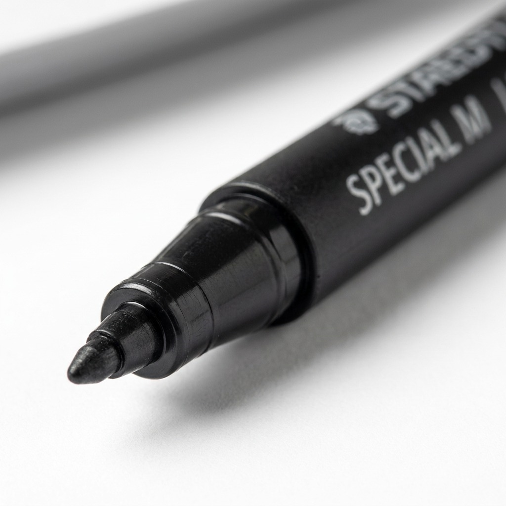 Macro closeup of the specific plastic tip and detailed barrel text of the black STAEDTLER permanent marker.
