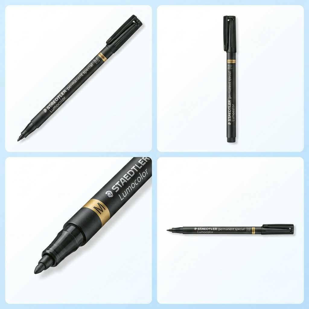 A four-corner grid displaying the STAEDTLER permanent special marker from distinct angles against a neutral sky-blue gradient.