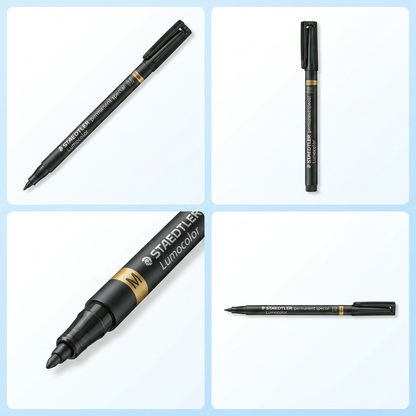 A four-corner grid displaying the STAEDTLER permanent special marker from distinct angles against a neutral sky-blue gradient.