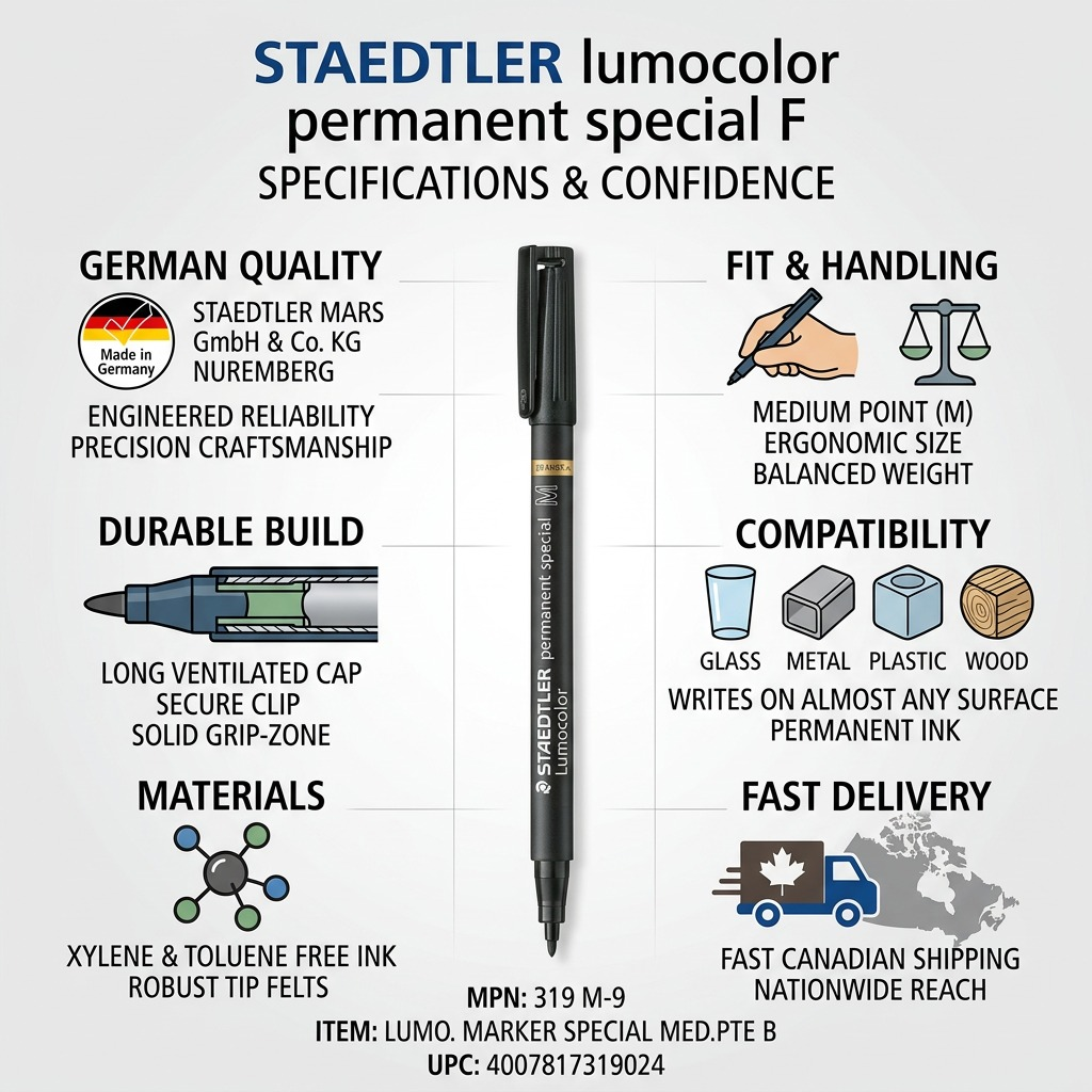 An infographic showing the STAEDTLER permanent special Lumocolor pen with six key trust icons below.