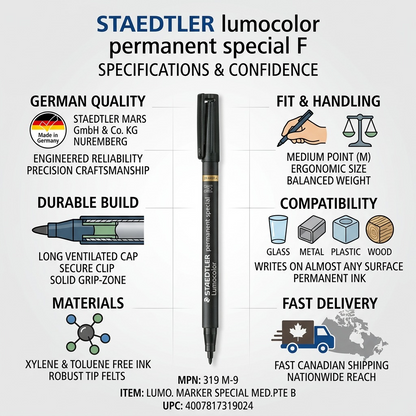 An infographic showing the STAEDTLER permanent special Lumocolor pen with six key trust icons below.