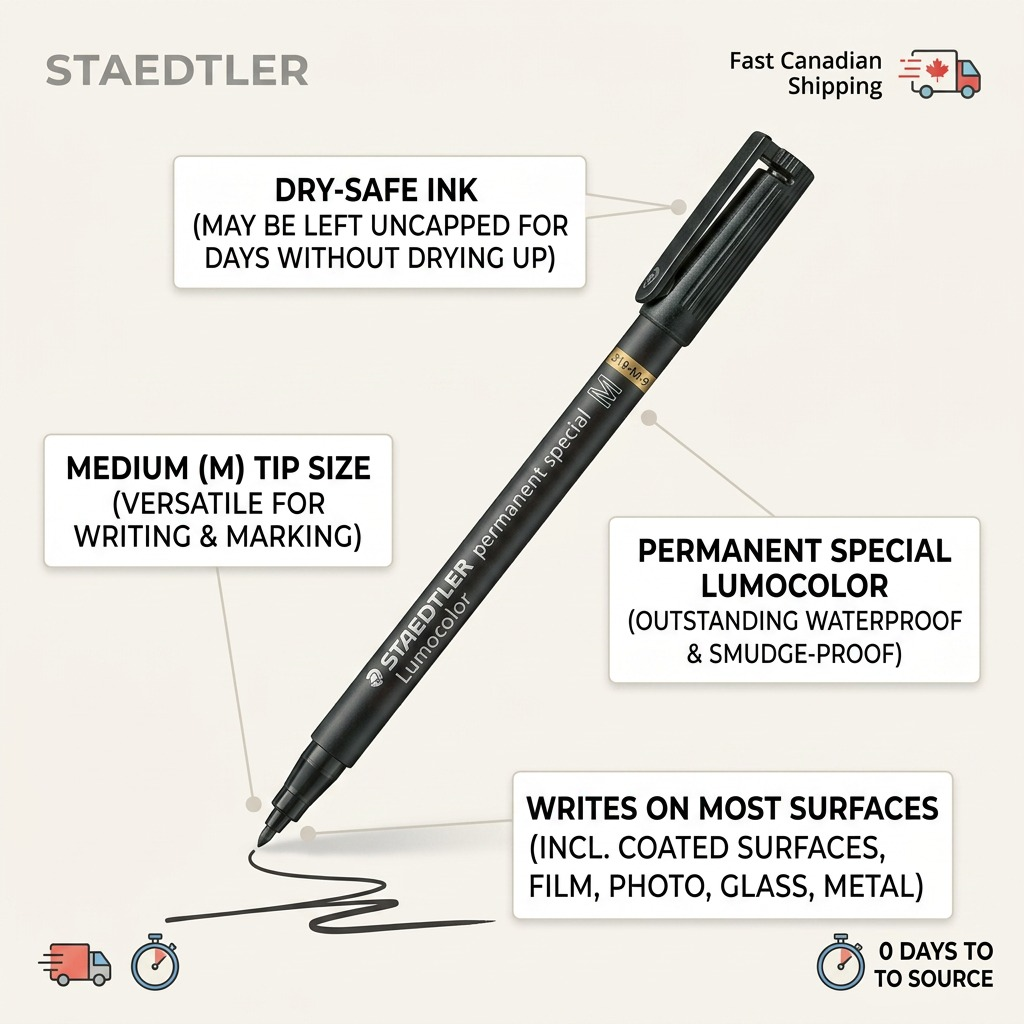 A infographic highlighting features of the STAEDTLER permanent special Lumocolor 319-M marker, including DRY-SAFE ink, medium tip, waterproofing, and surface versatility.