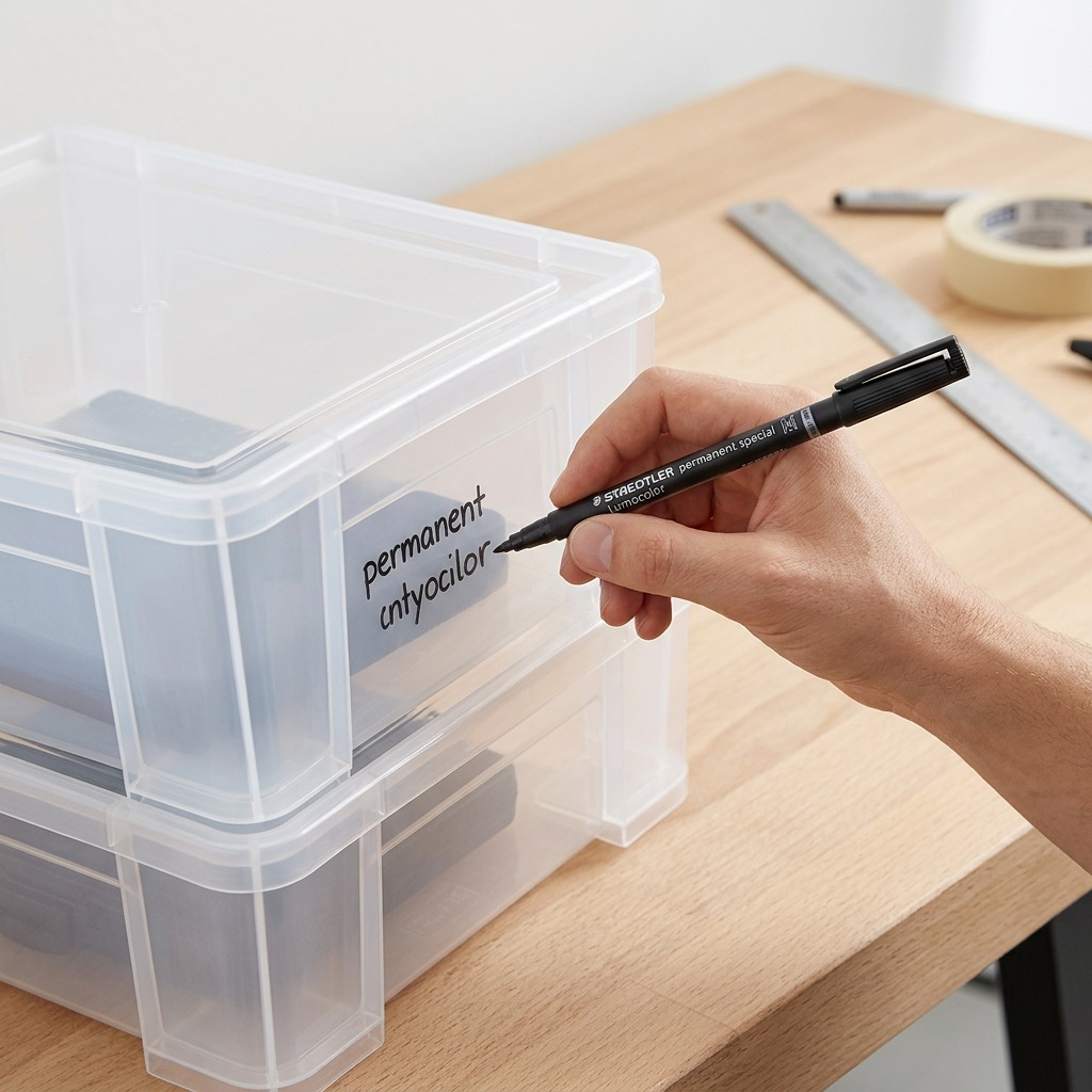 A person's hand uses a black STAEDTLER Lumocolor pen to label a translucent plastic storage box.