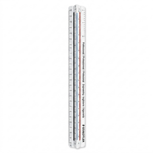 A high-resolution hero shot of the STAEDTLER Mars triangular scale on a pure white background.