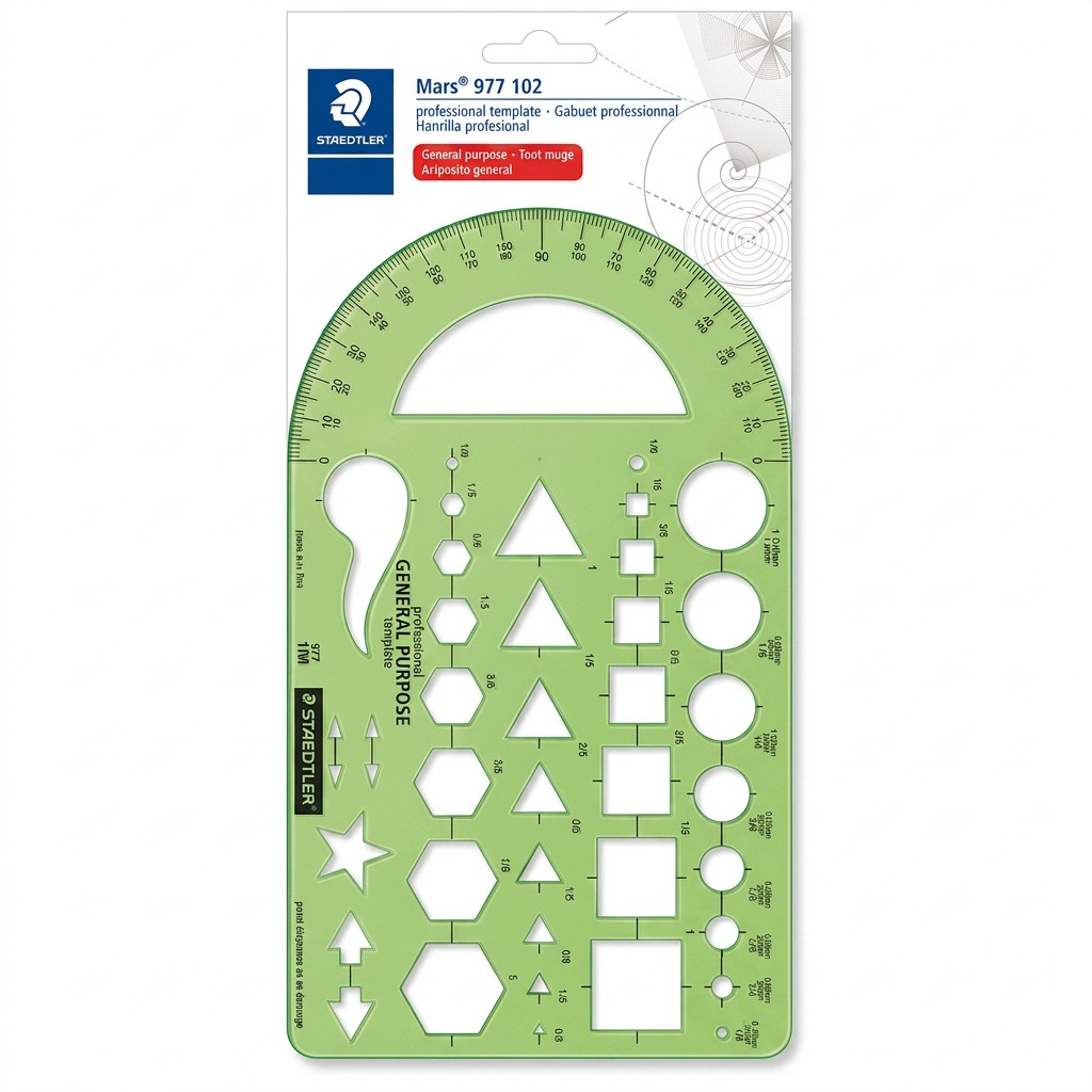 A high-resolution product photograph of the STAEDTLER Mars 977 102 General Purpose drawing template, isolated on a pure white background.