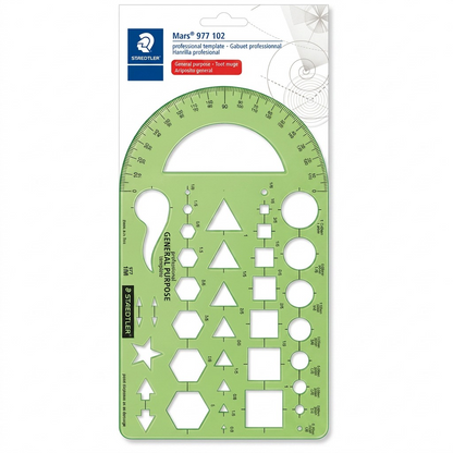 A high-resolution product photograph of the STAEDTLER Mars 977 102 General Purpose drawing template, isolated on a pure white background.