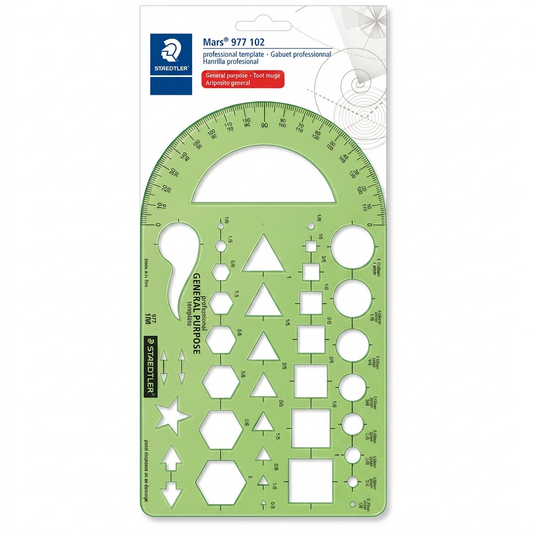 A high-resolution product photograph of the STAEDTLER Mars 977 102 General Purpose drawing template, isolated on a pure white background.