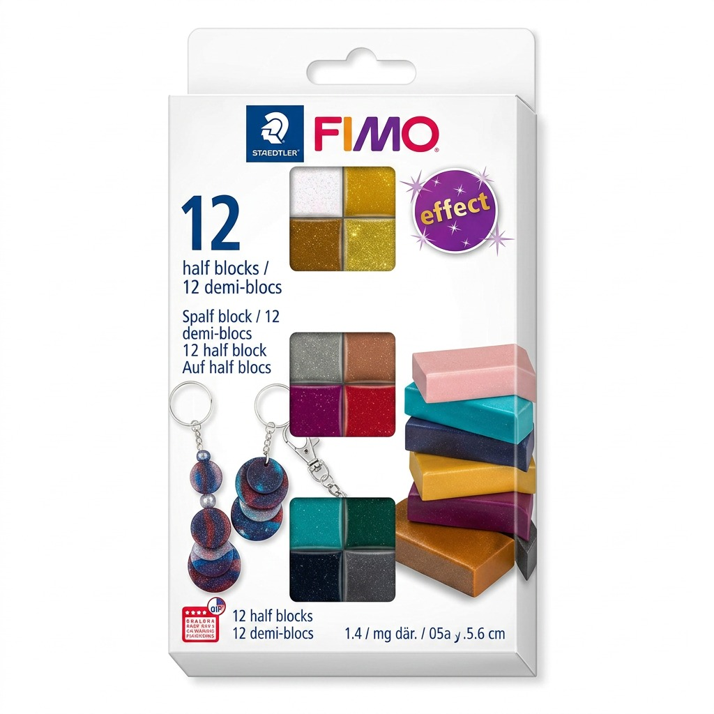 A crisp, front-on hero photograph of the STAEDTLER Fimo Effect Sparkle 12-Color Modeliing Clay Set.