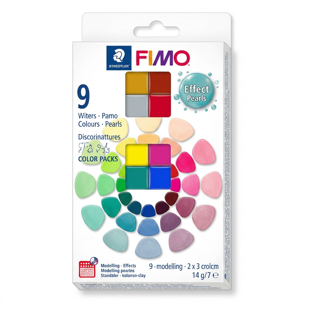 A high-resolution, pure ecommerce hero shot of the STAEDTLER Fimo Effect Pearls modeling clay pack on a white background.
