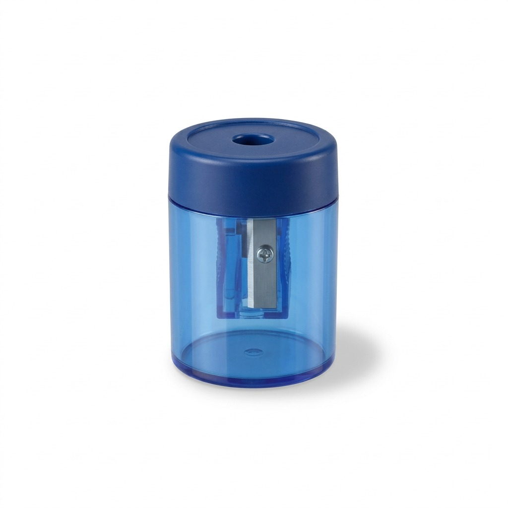 A high-resolution, centered view of the STAEDTLER Single-hole metal screw-tip manual pencil sharpener, model 511-63BKA6, with its translucent blue canister and solid blue lid on a pure white background.