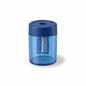 A high-resolution, centered view of the STAEDTLER Single-hole metal screw-tip manual pencil sharpener, model 511-63BKA6, with its translucent blue canister and solid blue lid on a pure white background.