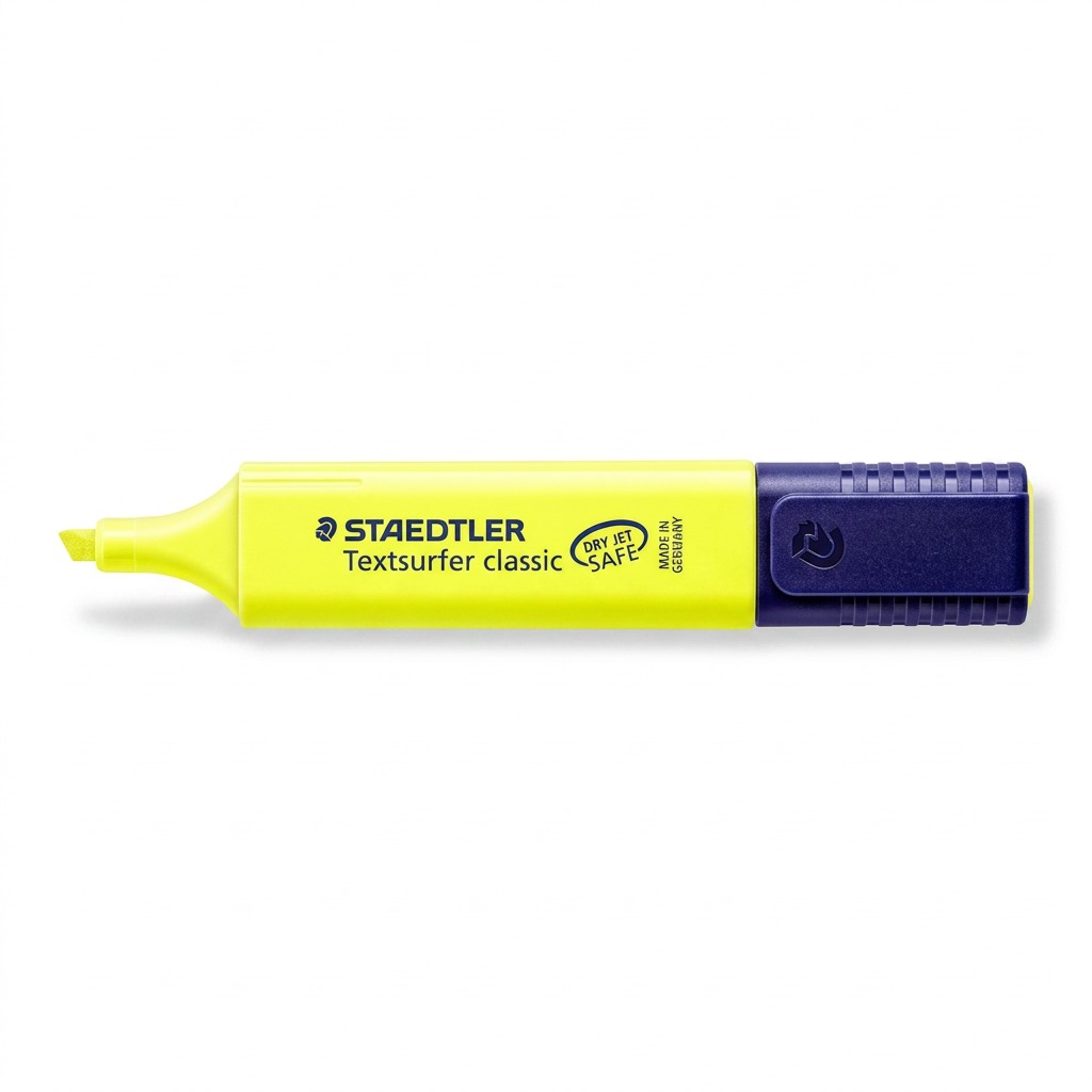 A high-resolution ecommerce hero shot of a single STAEDTLER Textsurfer classic fluorescent yellow highlighter against a pure white background.