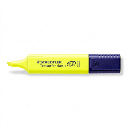 A high-resolution ecommerce hero shot of a single STAEDTLER Textsurfer classic fluorescent yellow highlighter against a pure white background.