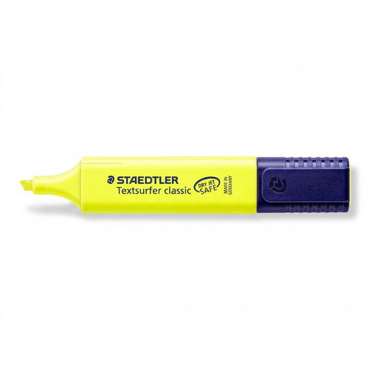 A high-resolution ecommerce hero shot of a single STAEDTLER Textsurfer classic fluorescent yellow highlighter against a pure white background.