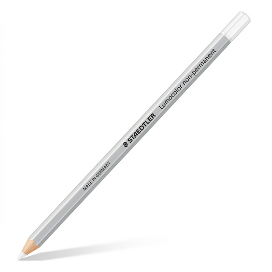A photorealistic hero shot of the white STAEDTLER Lumocolor non-permanent pencil.