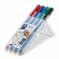 A precise, high-definition centered hero shot of the STAEDTLER Lumocolor 305F-WP4 whiteboard marker set in its transparent holder on a white background. No packaging is present.
