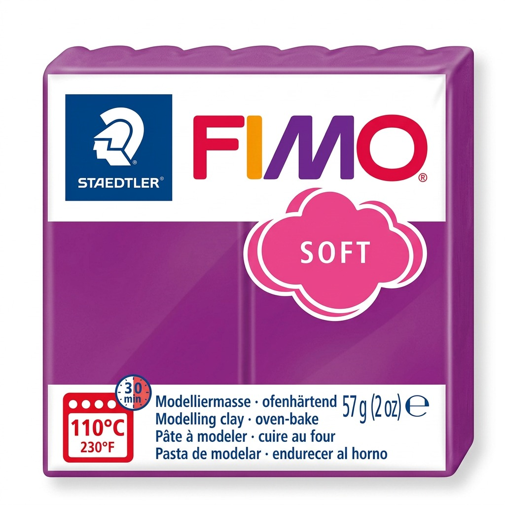 A close-up photograph of one block of STAEDTLER FIMO Soft modelling clay, purpure (purple) color, 57g (2 oz), precisely shaped and proportioned, against a flawless white background, with clean edges and accurate surface texture.