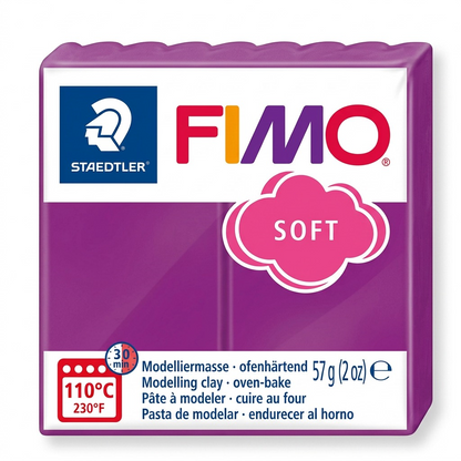 A close-up photograph of one block of STAEDTLER FIMO Soft modelling clay, purpure (purple) color, 57g (2 oz), precisely shaped and proportioned, against a flawless white background, with clean edges and accurate surface texture.
