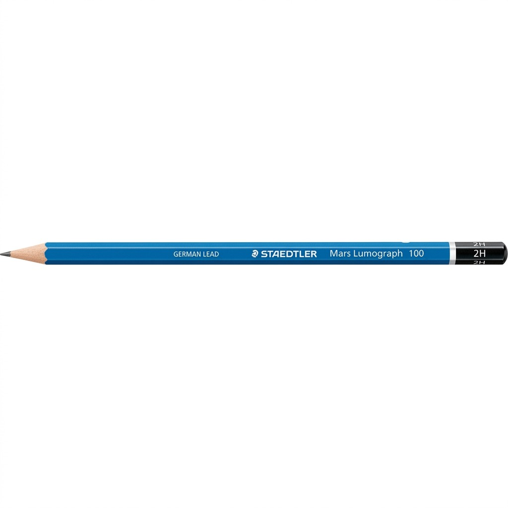 A clean, high-resolution hero photograph of a single blue Staedtler Mars Lumograph 2H drawing pencil, sharply detailed against a pure white background.