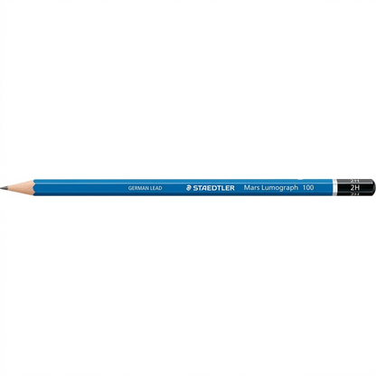 A clean, high-resolution hero photograph of a single blue Staedtler Mars Lumograph 2H drawing pencil, sharply detailed against a pure white background.
