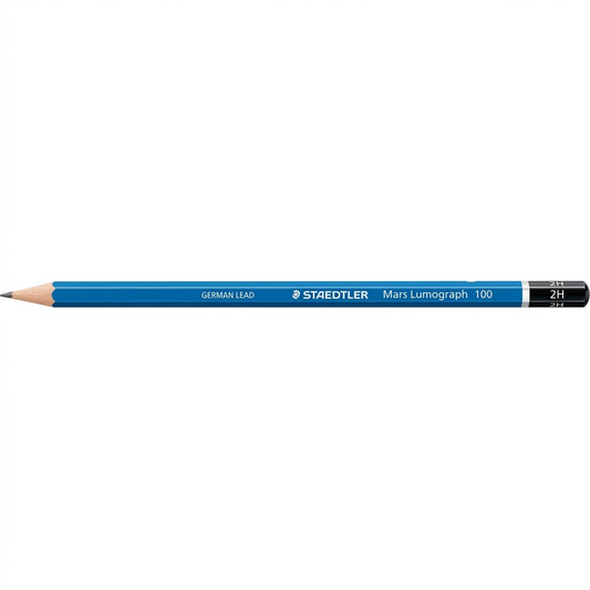 A clean, high-resolution hero photograph of a single blue Staedtler Mars Lumograph 2H drawing pencil, sharply detailed against a pure white background.