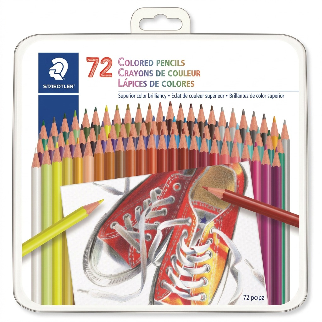 A high-resolution product shot of the STAEDTLER 72Colored Pencils set in metal tin.