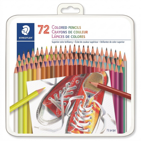 A high-resolution product shot of the STAEDTLER 72Colored Pencils set in metal tin.