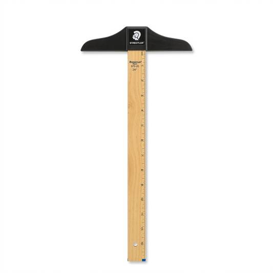 A high-resolution, pure white background product shot of the 24-inch STAEDTLER Mars T-square with a wood body and black head.