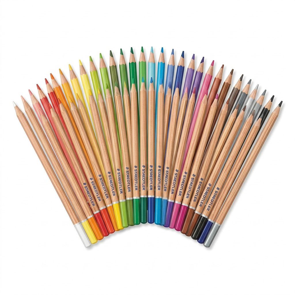STAEDTLER (Tri.w.c) triangular watercolor pencils, 48-pack set, single pencils visible.