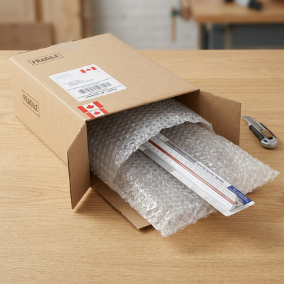 Unboxing a STAEDTLER 98718-34BK scaling ruler, protected in bubble-wrap and a delivery box.