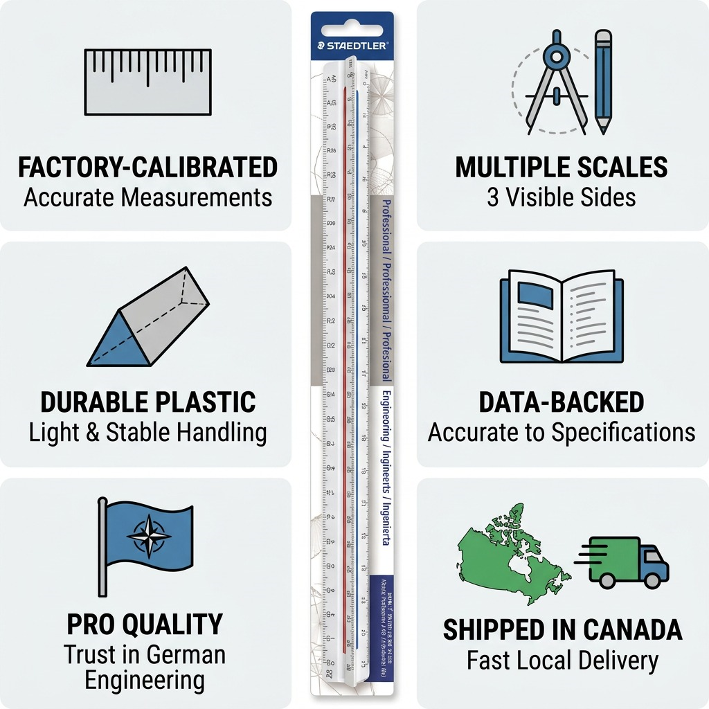 A factual trust infographic for a Staedtler ruler, featuring the 98718-34BK triangular scale with callouts for German engineering, precision markings, and fast Canadian shipping.