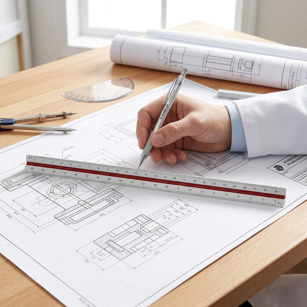 The triangular scale is shown being used on an engineering drawing, its precise scales clearly visible.