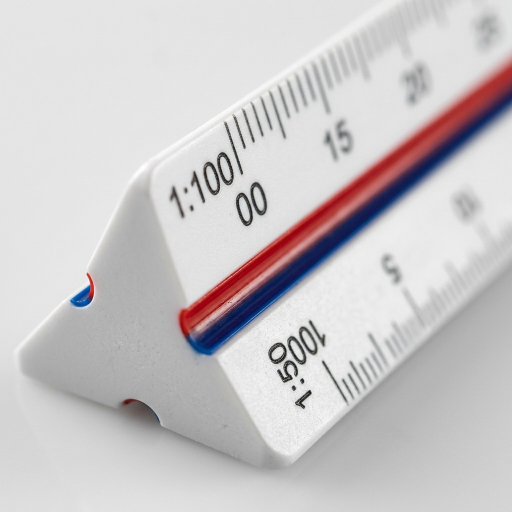 Macro photograph of the STAEDTLER Mars triangular scale ruler, highlighting laser-etched imperial and metric measurements.