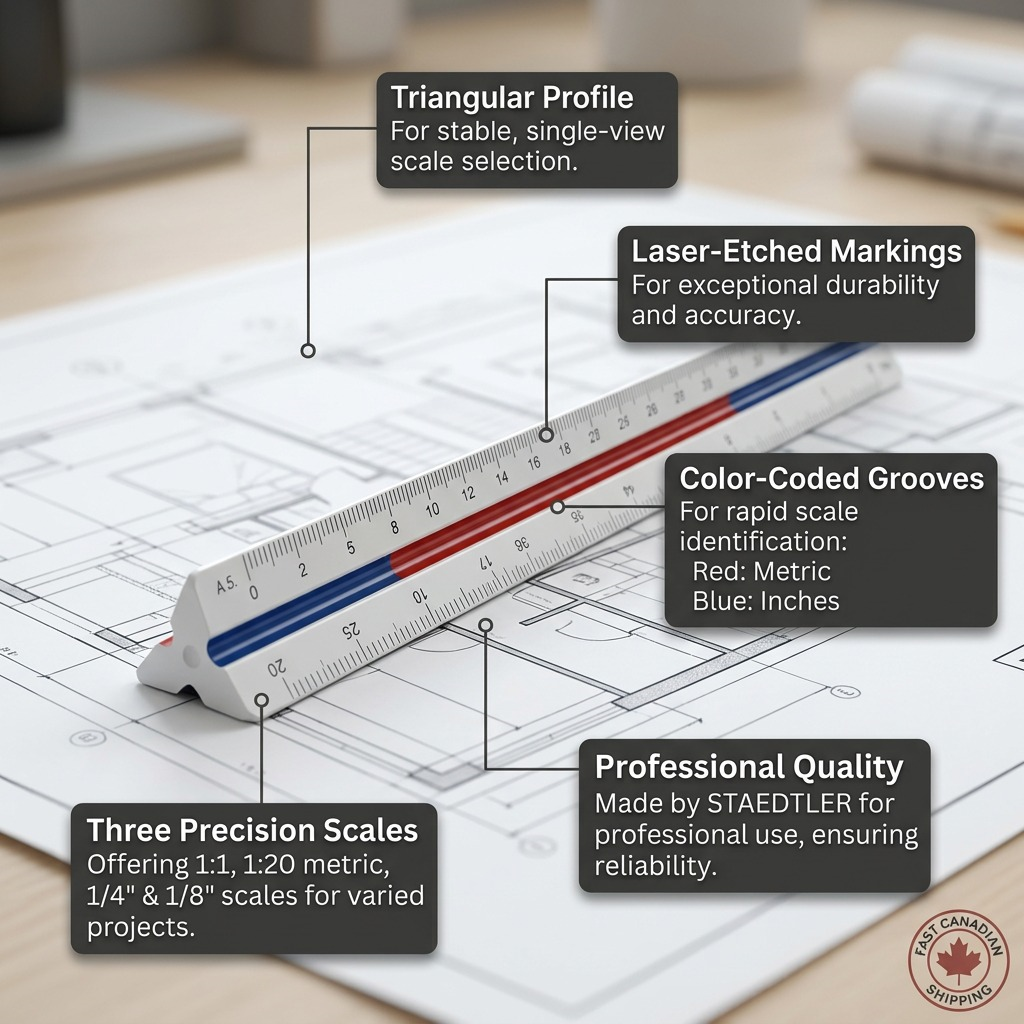 A detailed feature graphic calling out operational benefits of the STAEDTLER triangular scale ruler.
